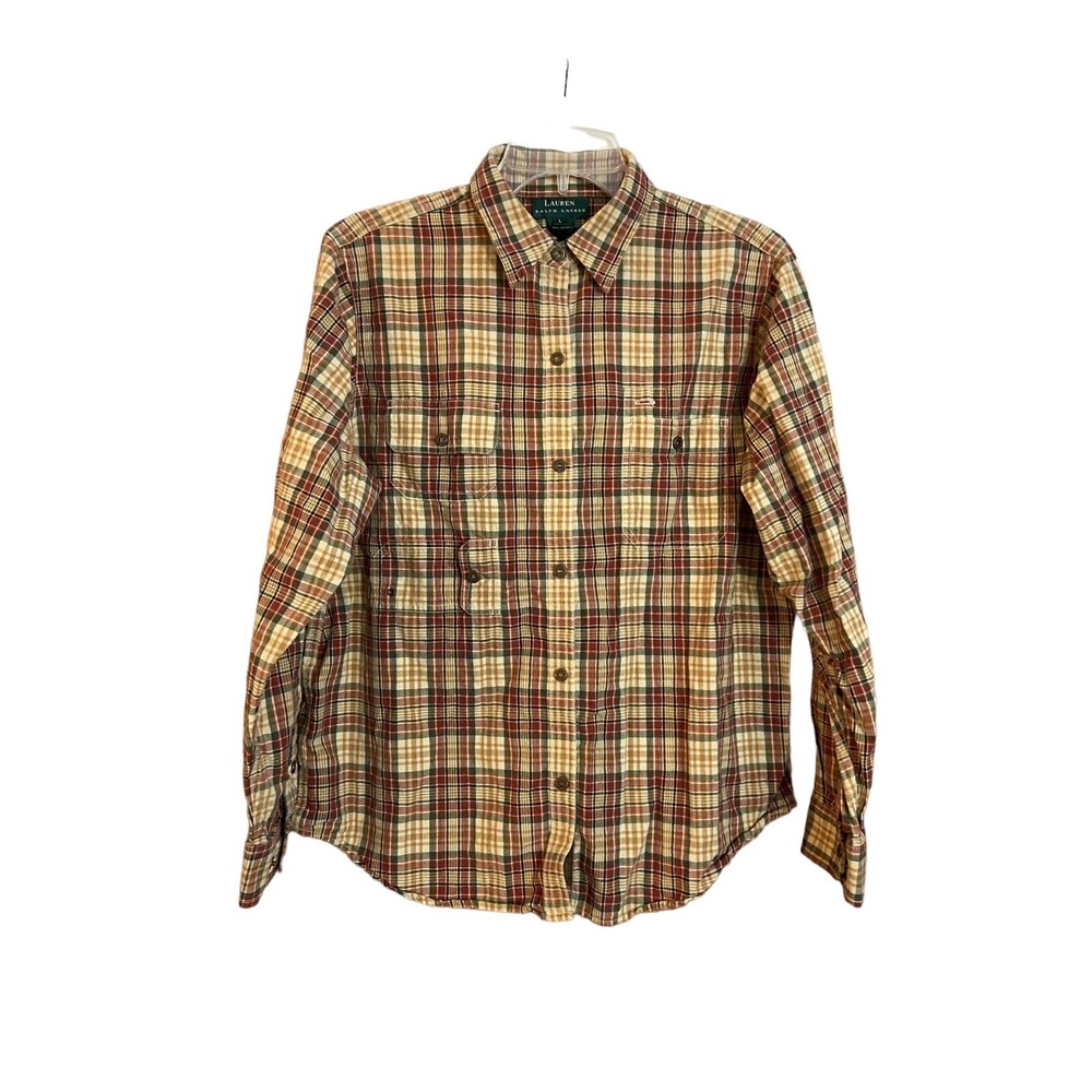 Ralph Lauren Women's Long Sleeve‎ Plaid snap button Front Shirt Size Large